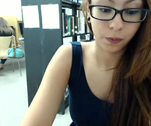 Risky teenager nymph jerking in public library
