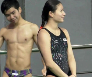 A adorable japanese swimmer in a g-string bathing suit