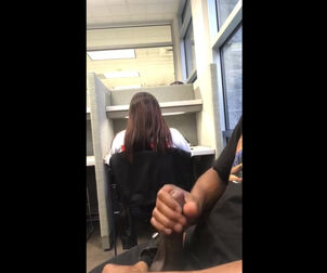 Boy masturbating fuck-stick for cum-shot in public library