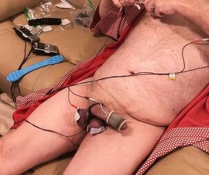 Hands-free jism with estim fastened to balls, penis and