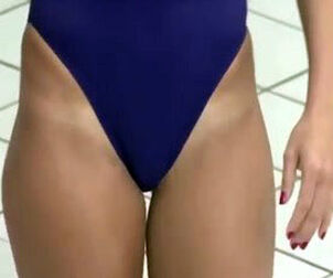 Sexual teen gymnasts in bathing suit thong.